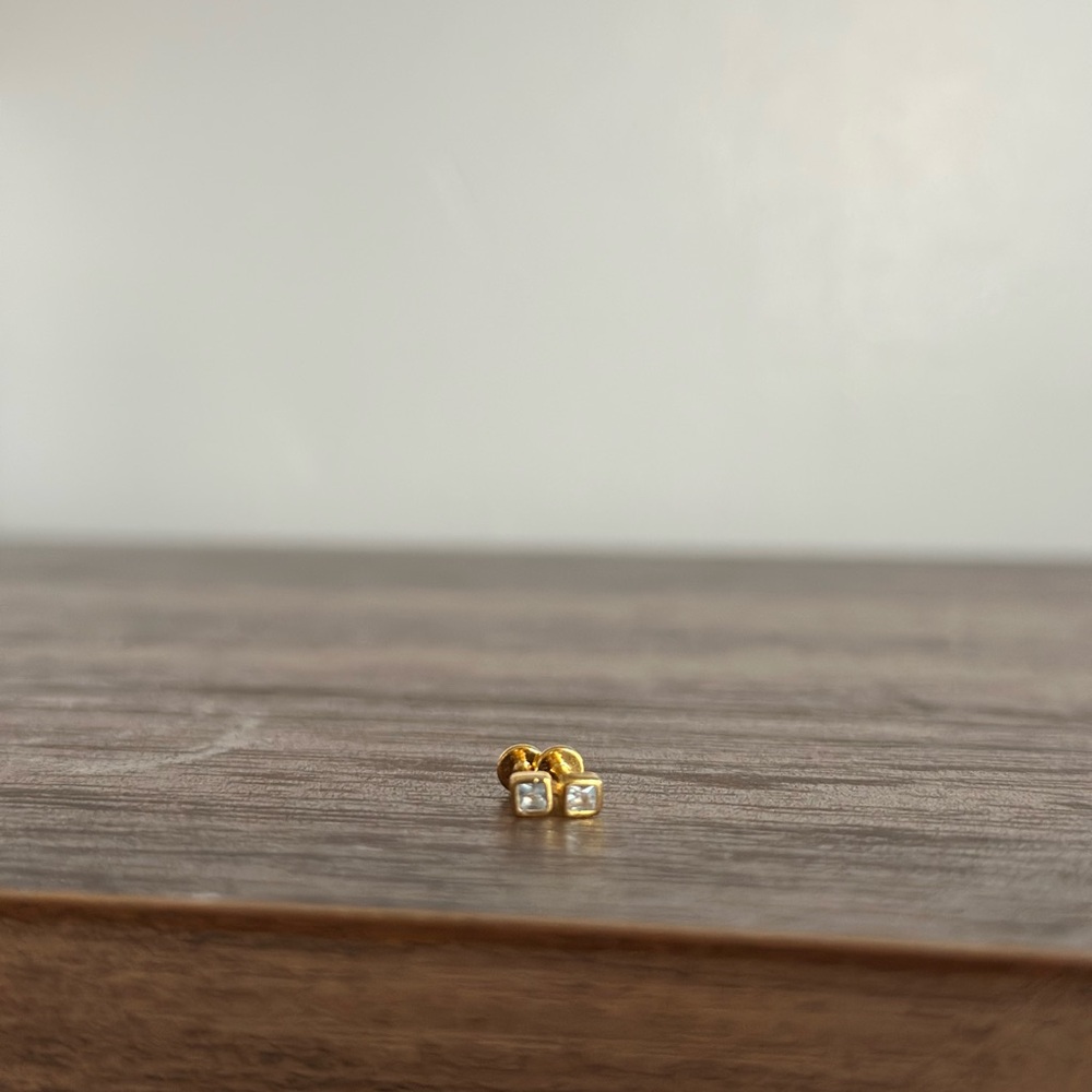 Squared Aquamarine Gemstone Flat-back Studs Sterling (925) 18K Plated Gold - Picture 6 of 10